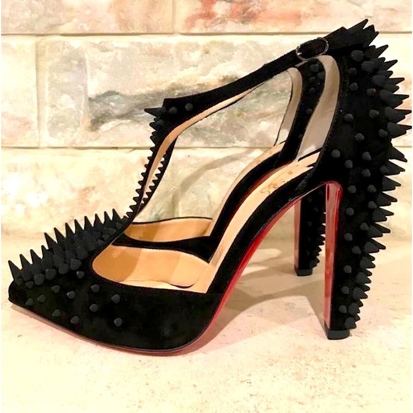 Christian Louboutin “Goldostrap” spiked T-strap, Veau suede 100mm heels EU39.5 - Picture 4 of 9